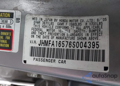 2006 Honda Civic Lx из США, поврежденный, VIN JHMFA16576S004395